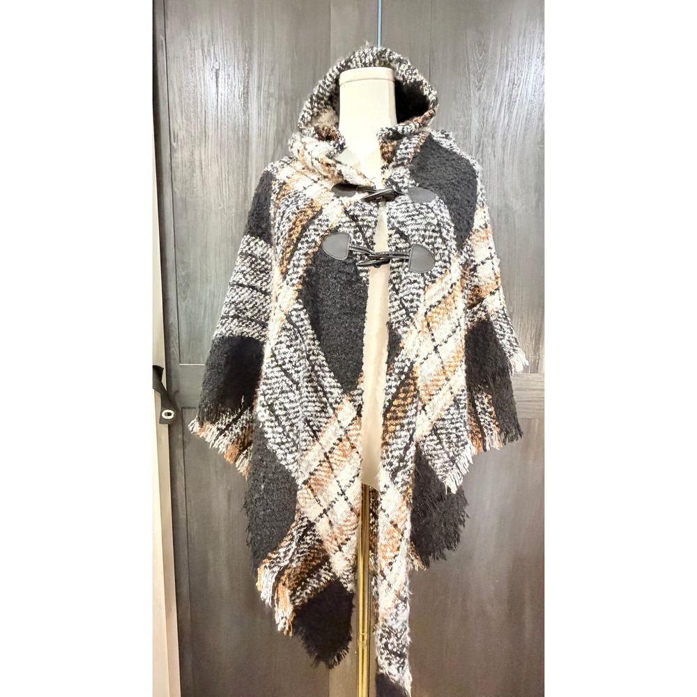 Apt. 9 NWT Black Cream Cognac Plaid Hooded Shawl Poncho with Toggles OS NWT